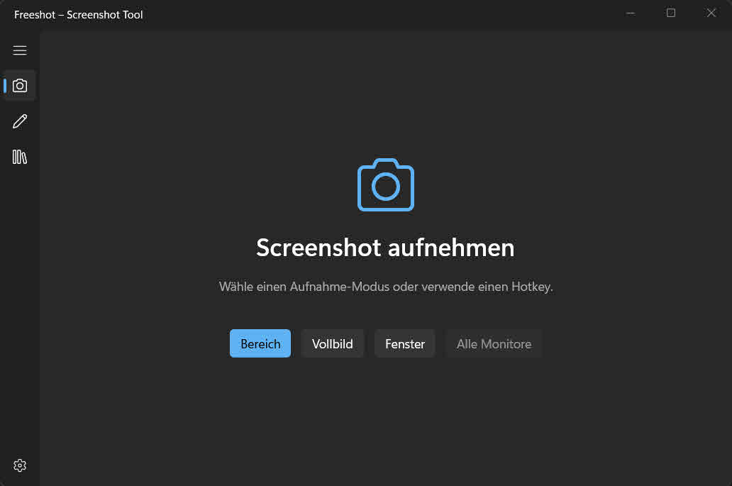 Freeshot Capture-Auswahl: Bereich, Vollbild, Fenster, Alle Monitore