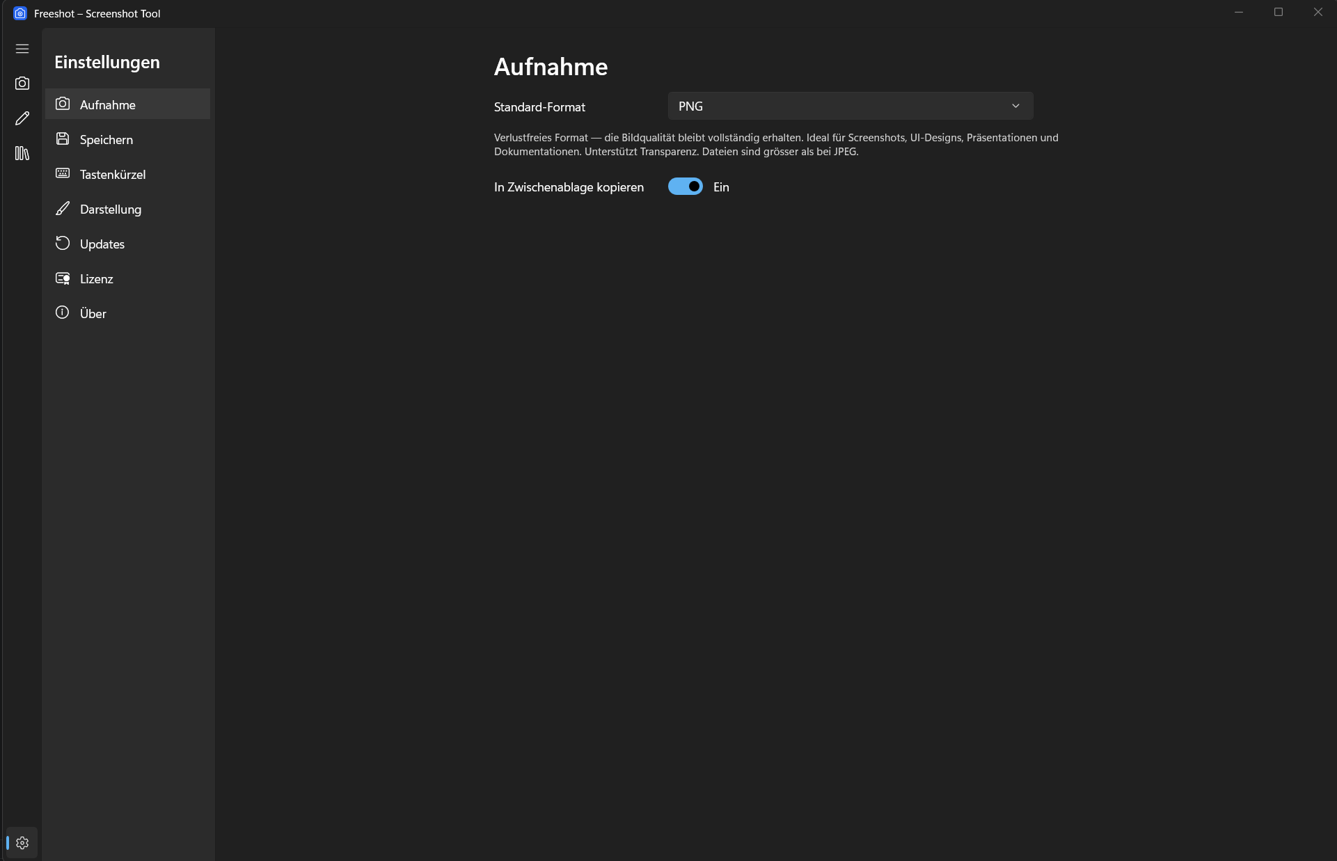 Freeshot Einstellungen mit Aufnahme-Standardformat PNG