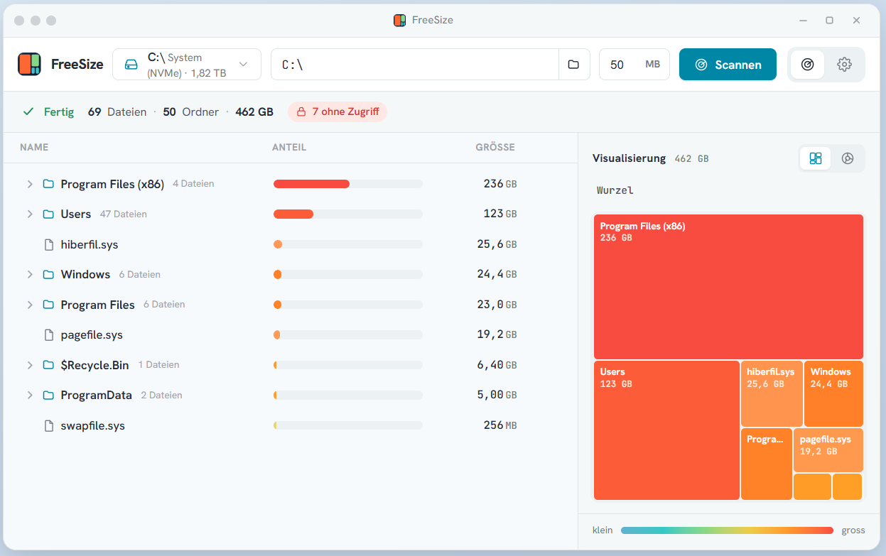 FreeSize Hauptfenster — lokaler Scan mit Datei-Tree und Treemap-Panel