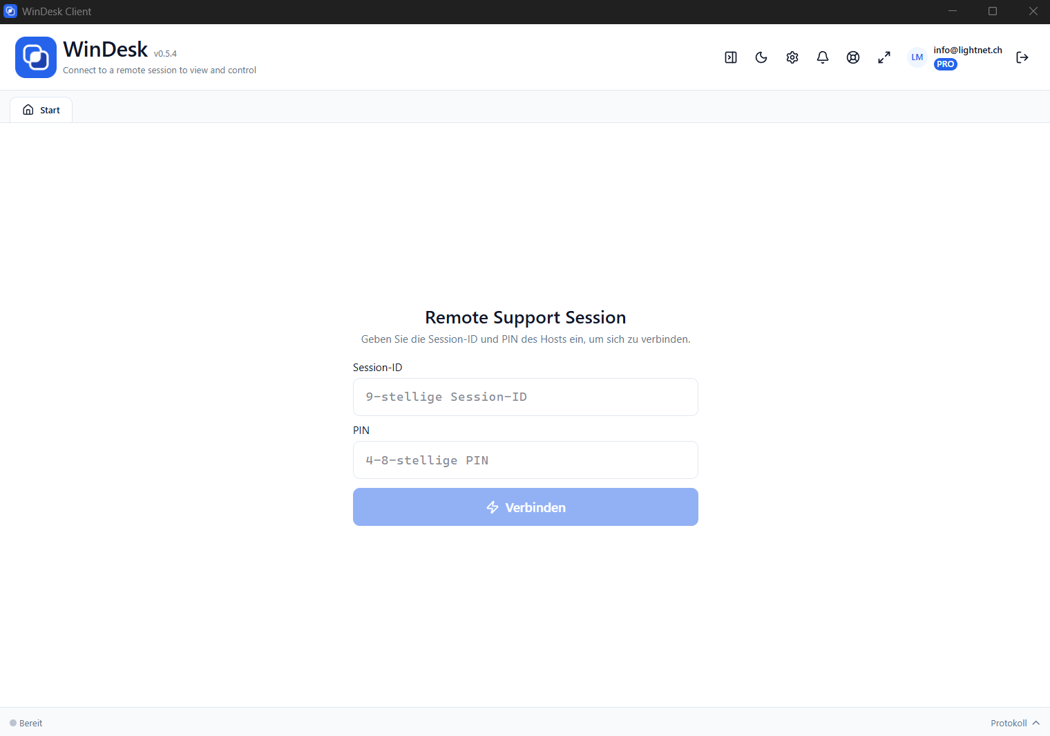WinDesk Client Hauptfenster mit Remote Support Session Formular