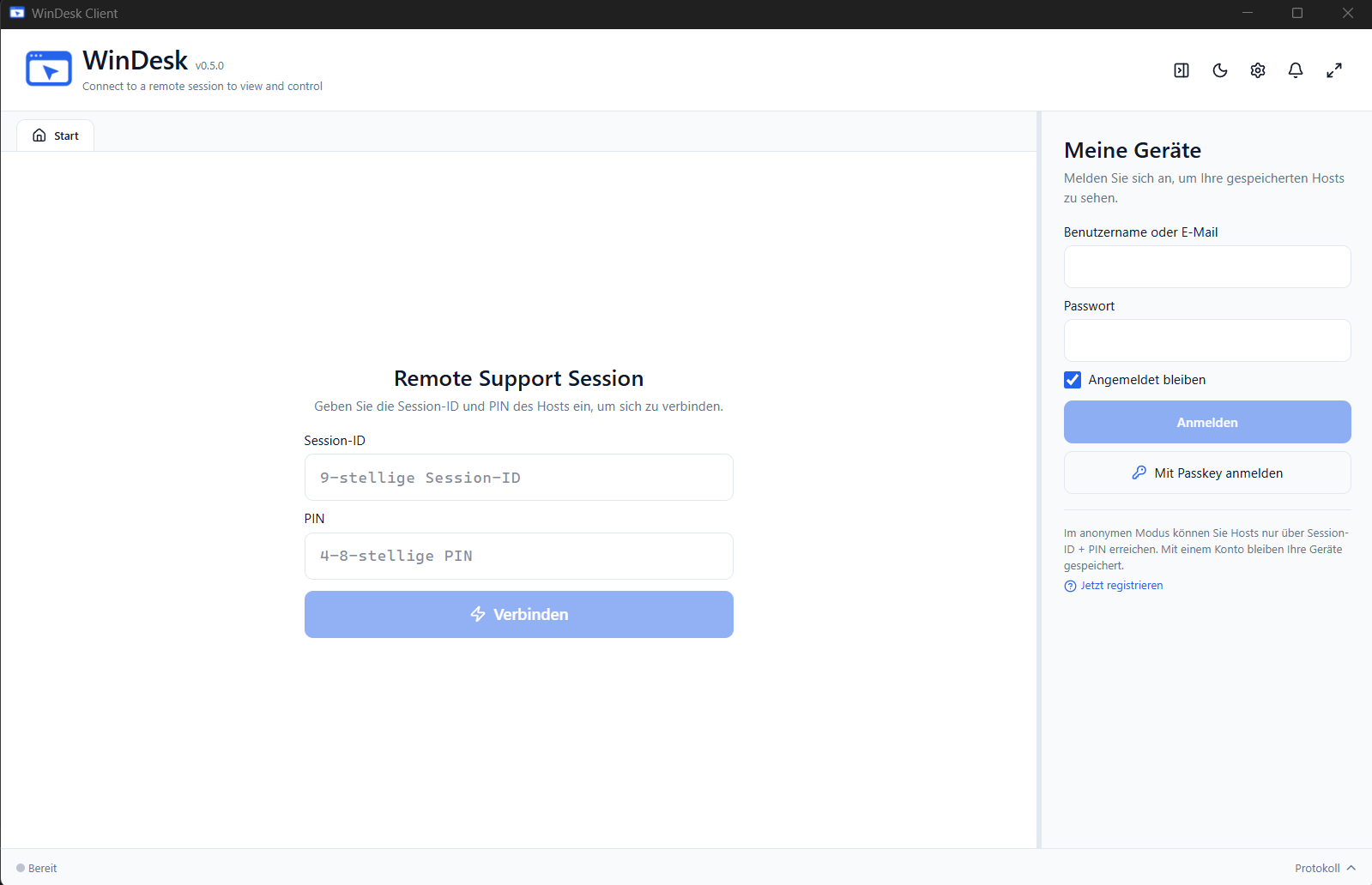 WinDesk Client Hauptfenster mit Remote Support Session Formular