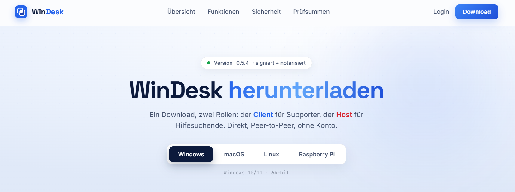Download-Seite auf windesk.ch mit Auswahl für Windows, macOS, Linux und Raspberry Pi