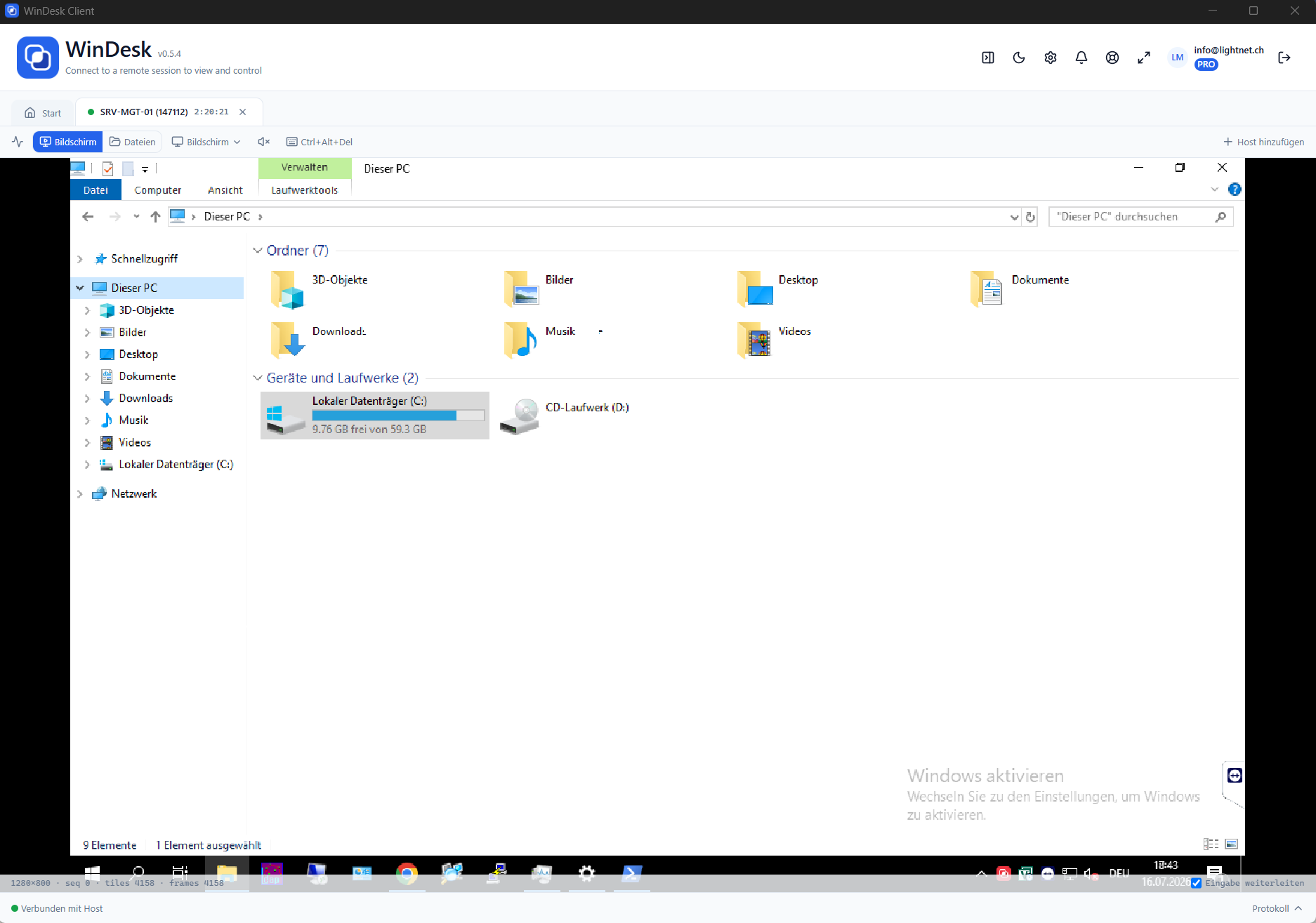 WinDesk Client mit aktiver Sitzung auf einem verwalteten Host