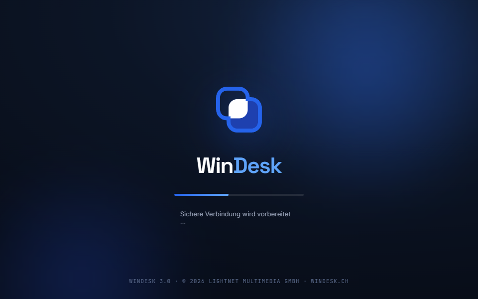 WinDesk Splash-Screen mit „Sichere Verbindung wird vorbereitet"